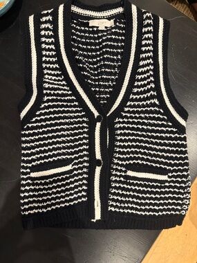 LOFT Black and White Striped Knit Button-Front Vest